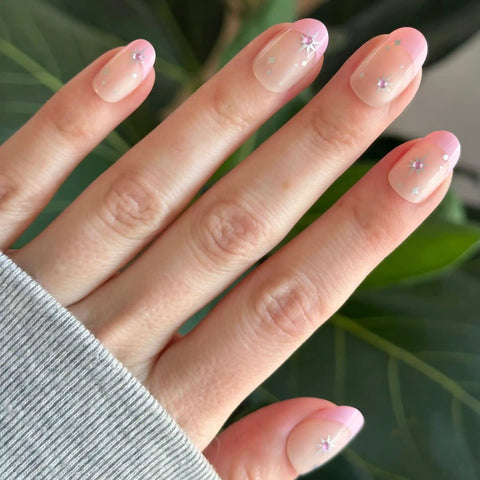 Bubblegum French with Metallic Stars - Press On | Short | Round
