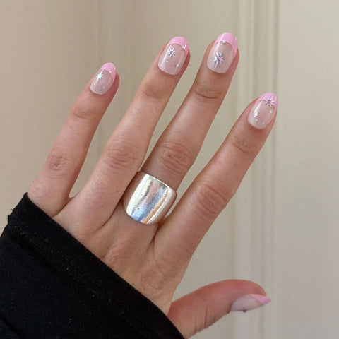 Bubblegum French with Metallic Stars - Press On | Short | Round