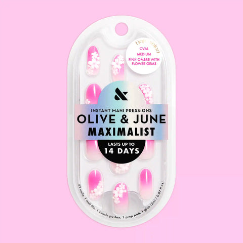 Pink Ombre with Flower Gems - Press On | Medium | Oval